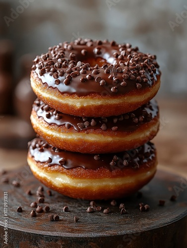 Stack of Three Chocolate Glazed Donuts with Chocolate Chips