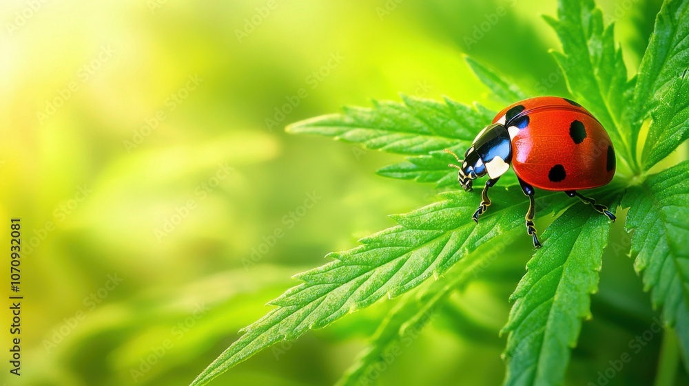 A vibrant ladybug crawls gracefully on green leaves in a sunlit nature scene A vibrant ladybug crawls gracefully on green leaves in a sunlit nature scene