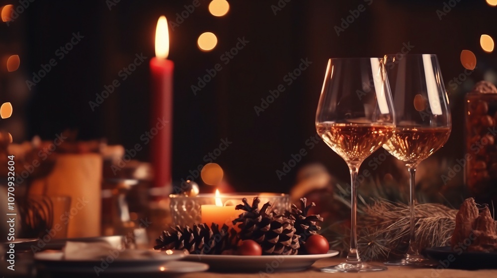 Warm Holiday Dinner Setting with Glasses of Wine Warm Holiday Dinner Setting with Glasses of Wine