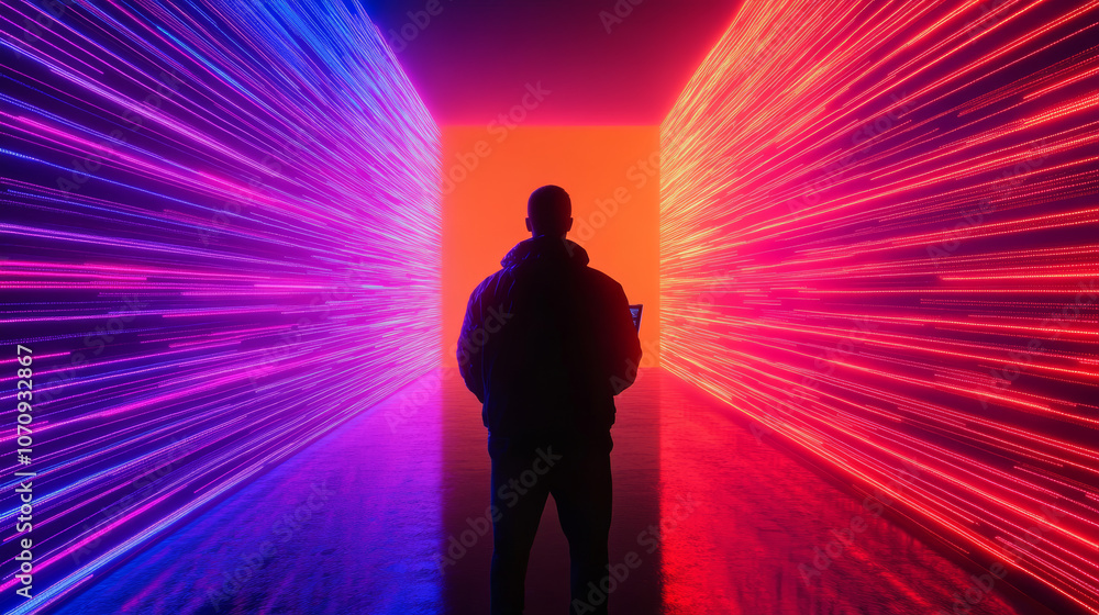 Silhouetted man standing in a futuristic neon tunnel. Silhouetted man standing in a futuristic neon tunnel.