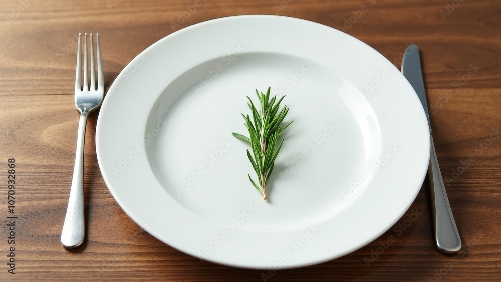 Elegant White Plate with Rosemary Sprig on Wooden Table Elegant White Plate with Rosemary Sprig on Wooden Table