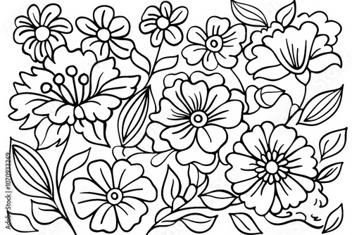 A beautiful black-and-white floral illustration featuring various flowers and leaves, perfect for coloring and creativity.