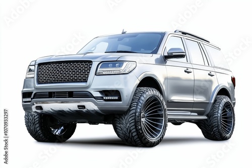 Silver SUV with black wheels on white background.