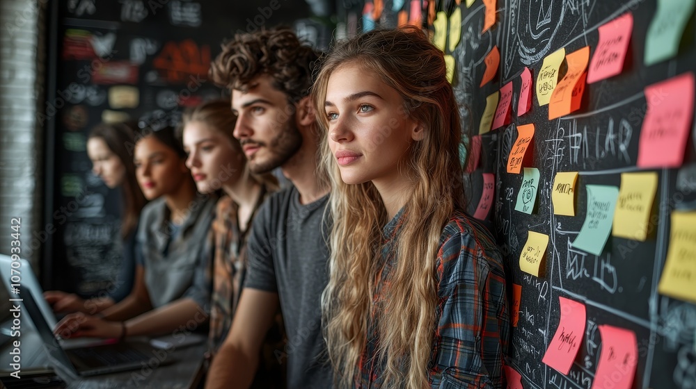 A group of young people collaborates at a desk, focused on various tasks while surrounded by colorful sticky notes on a blackboard. A group of young people collaborates at a desk, focused on various tasks while surrounded by colorful sticky notes on a blackboard.
