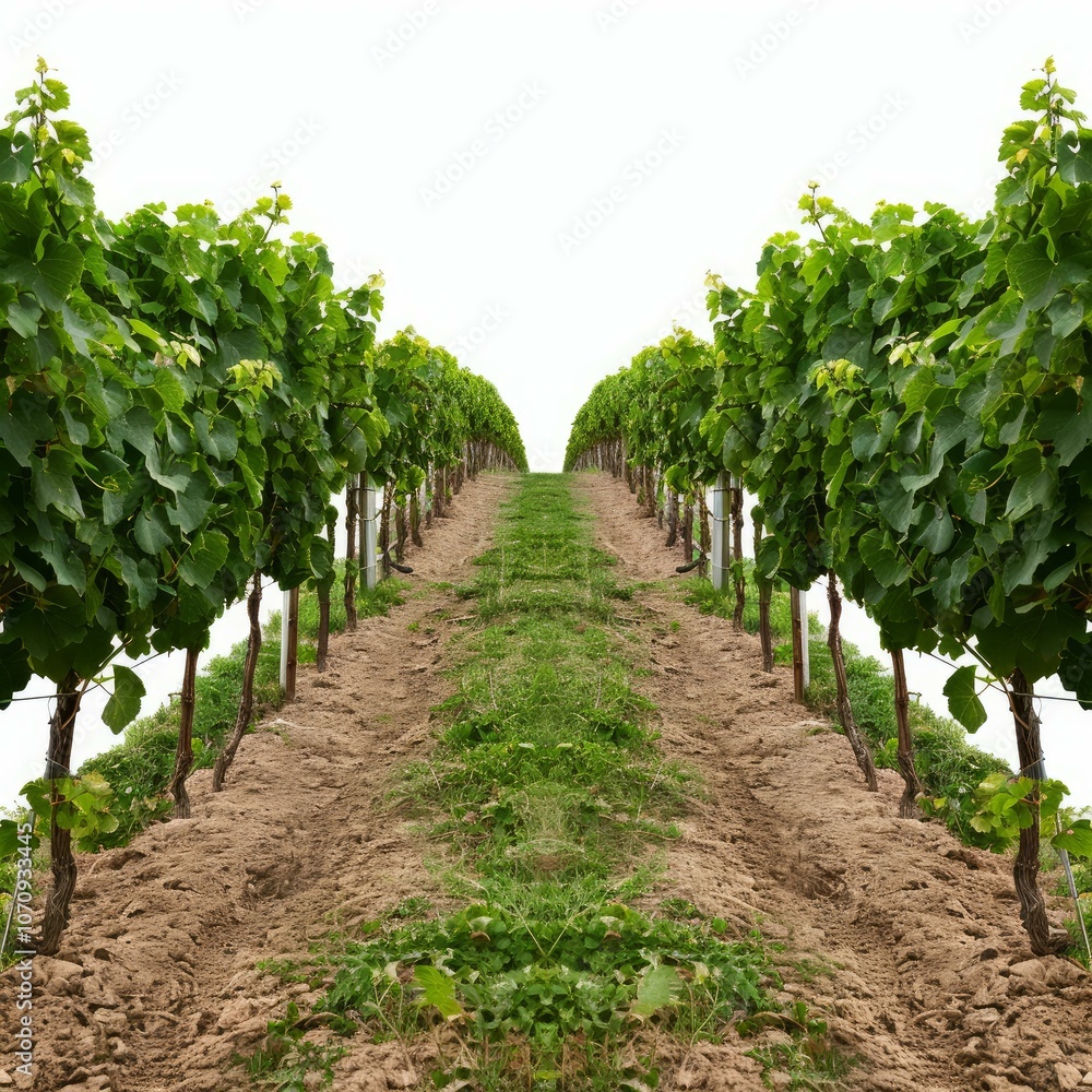 Naklejka premium Grass growing in the middle of rows of grapevines in a vineyard, on a sunny summer day