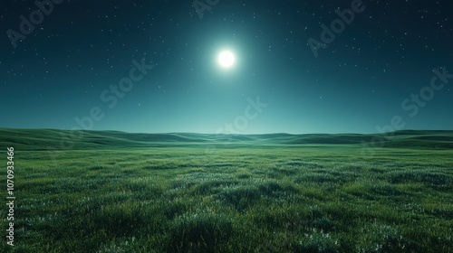 Fototapeta Naklejka Na Ścianę i Meble -  Full moon illuminates a grassy field under a starry sky.