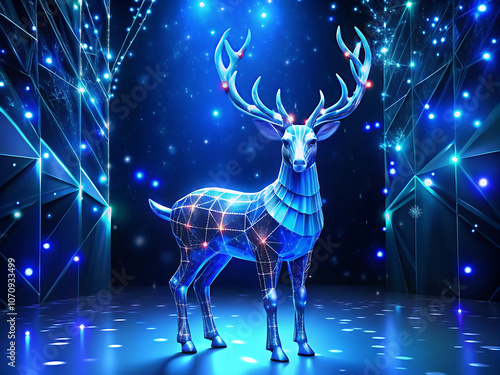 Christmas reindeer created with generative AI technology on the blue digital background	 photo