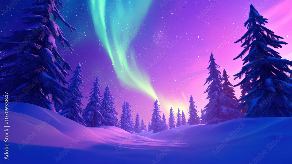 Fototapeta premium An animated scene of the Northern Lights dancing above a snowy forest of pine trees, with vibrant colors providing a striking backdrop and space at the bottom for festive wishes
