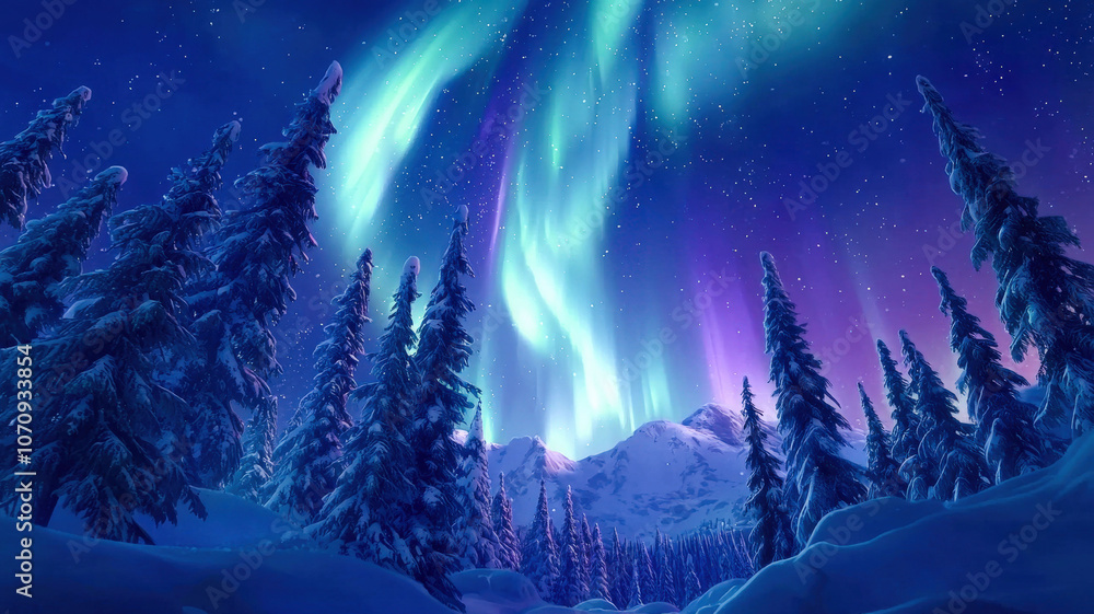 Naklejka premium An animated scene of the Northern Lights dancing above a snowy forest of pine trees, with vibrant colors providing a striking backdrop and space at the bottom for festive wishes