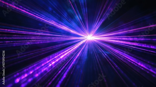 A vibrant display of purple light beams radiating outward, creating a dynamic visual effect.