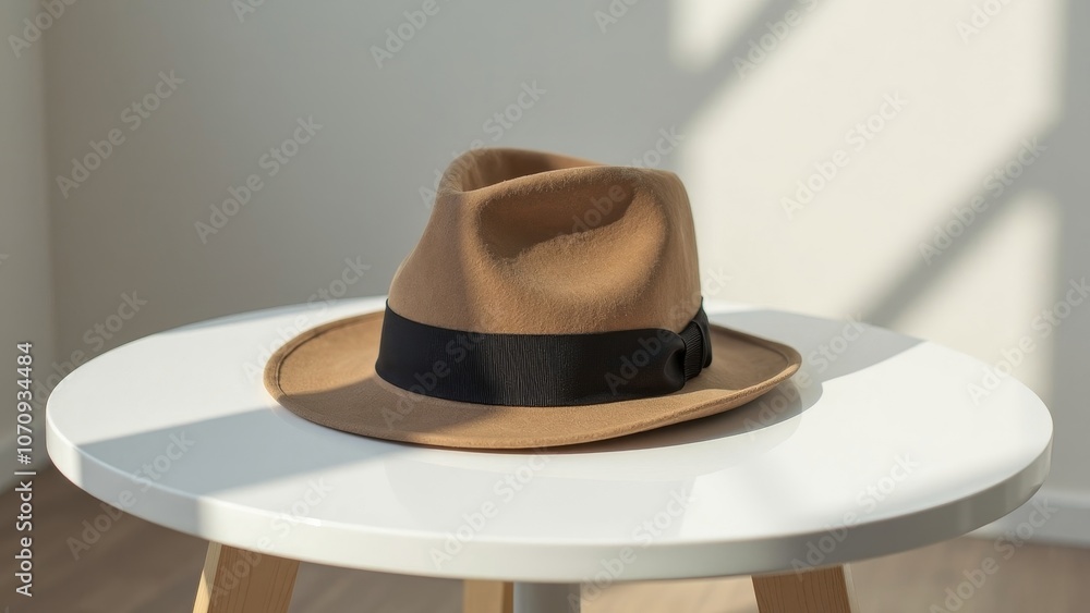 Stylish Fedora Hat on Gloss White Circular Table with Copyspace Stylish Fedora Hat on Gloss White Circular Table with Copyspace
