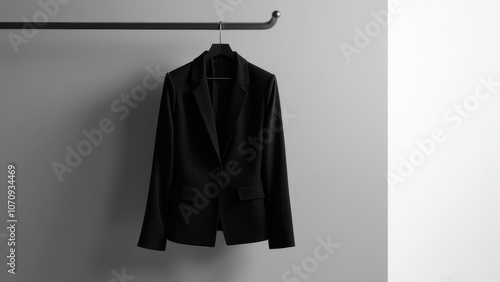 Sleek Minimalistic Black Blazer on Coat Hanger with Copyspace photo