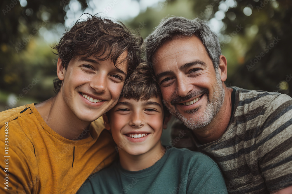 A joyful family of three sharing smiles in a sunny park during the afternoon, capturing a moment of togetherness and happiness. Generative AI A joyful family of three sharing smiles in a sunny park during the afternoon, capturing a moment of togetherness and happiness. Generative AI