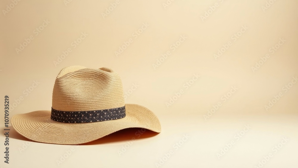 Classic Wide-Brimmed Hat on Neutral Background with Elegant Shadows Classic Wide-Brimmed Hat on Neutral Background with Elegant Shadows