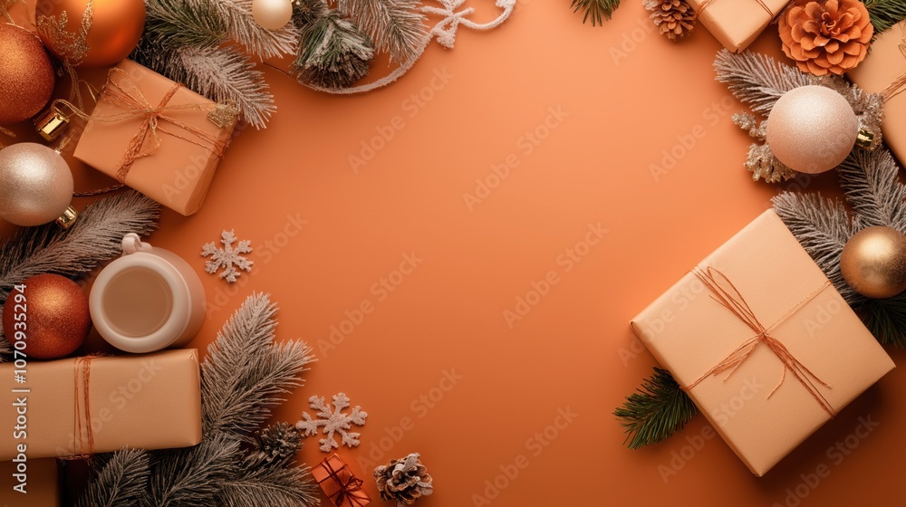 Flat lay Christmas gifts ornaments winter greenery orange background copy space Flat lay Christmas gifts ornaments winter greenery orange background copy space