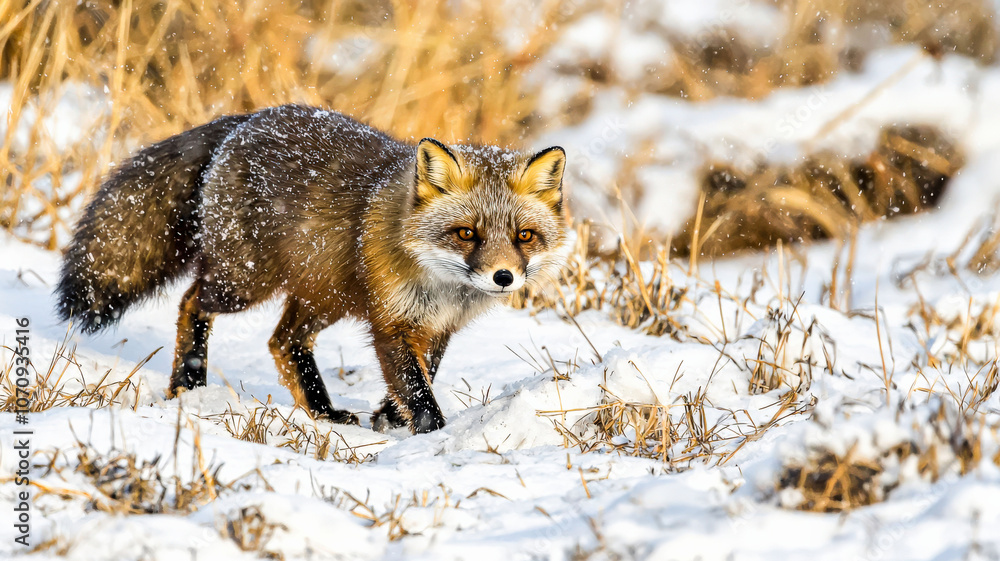Fototapeta premium An arctic fox halfway through its winter-to-spring coat transition, with half-white, half-brown fur blending into a snowy and earthy landscape, with text space in the open snow area