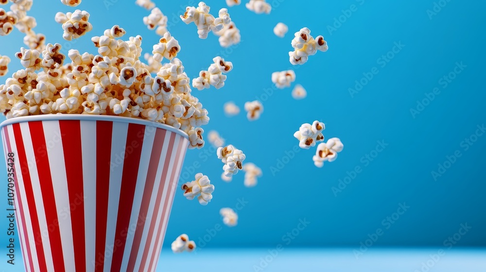 Popcorn Spilling from Red and White Striped Container on Blue Background Popcorn Spilling from Red and White Striped Container on Blue Background