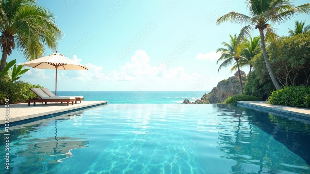Fototapeta premium Serene Infinity Pool at a Luxury Resort with Beach Chair and Umbrella