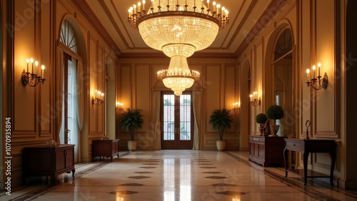 Elegant Grand Hotel Lobby with Opulent Chandelier and Soft Lighting