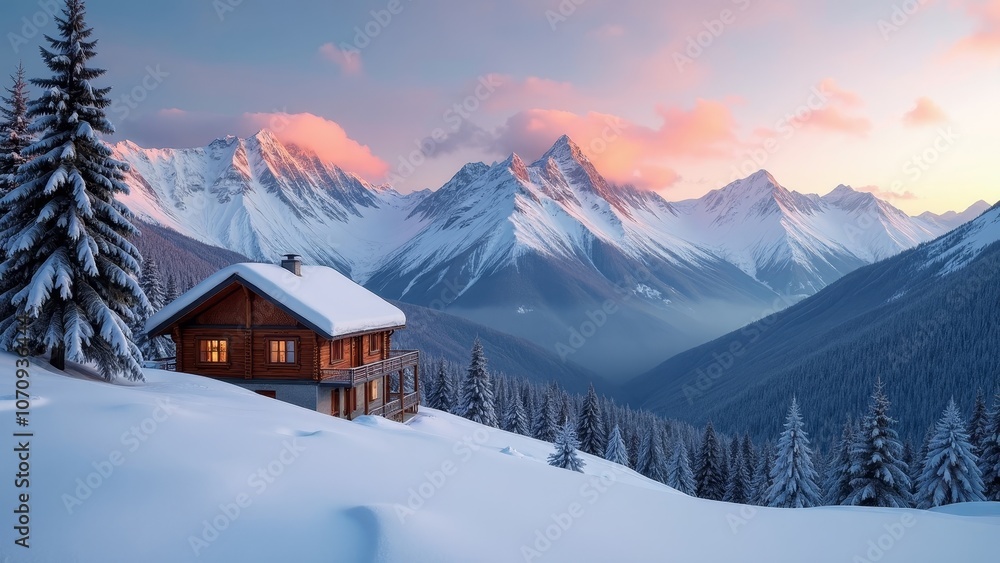 Stunning Mountain Chalet in a Snowy Landscape at Dawn Stunning Mountain Chalet in a Snowy Landscape at Dawn