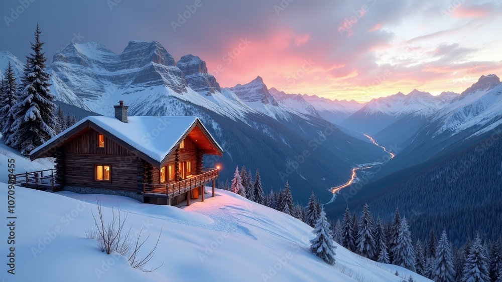 Cozy Mountain Chalet Surrounded by Majestic Peaks at Dawn Cozy Mountain Chalet Surrounded by Majestic Peaks at Dawn
