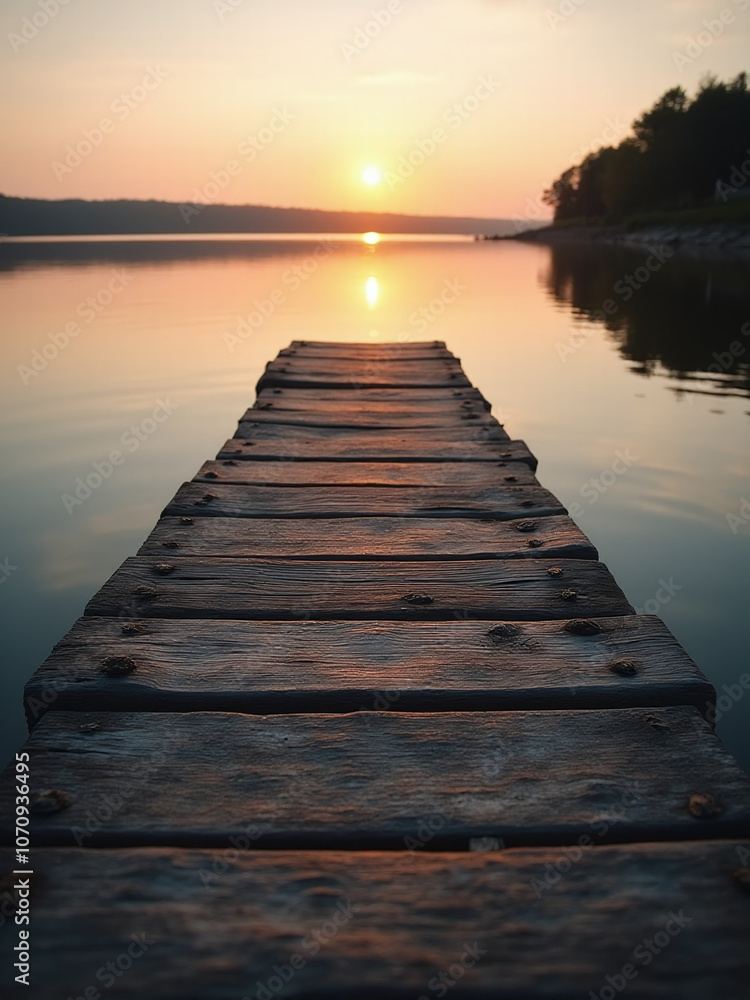 Obraz premium Weathered wooden planks create a textured wooden dock that invites contemplation and peaceful reflection on calm lake waters at sunset