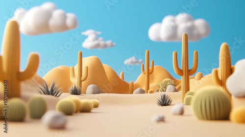 Simple 3D model of a desert landscape with cacti and tumbleweeds