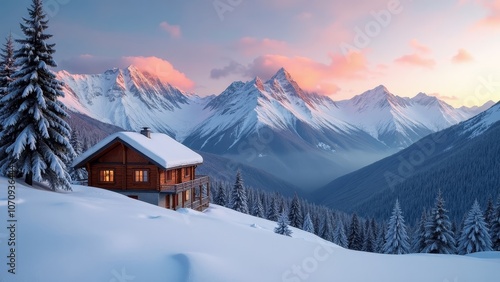 Stunning Mountain Chalet in a Snowy Landscape at Dawn