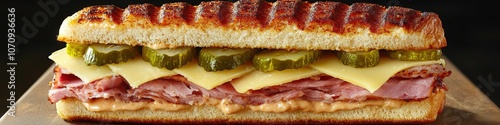 Delicious Pastrami and Swiss Cheese Sandwich on Rustic Bread with Crunchy Pickles Perfect for Lunch Dining Experience or Gourmet Sandwich Lovers