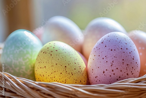 A colorful assortment of eggs in a wicker basket, great for Easter or spring-themed images photo