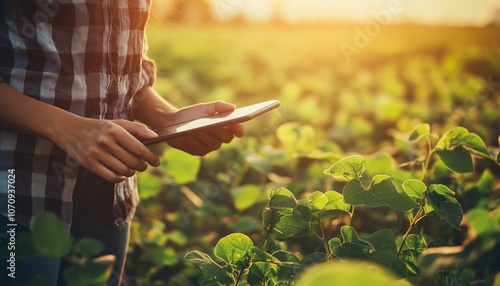 A Young Agronomist Examining Crops In A Soy Field With A Tablet Touch Pad Computer Before Harvesting In Agribusiness. Agricultural Engineer In Summer. photo