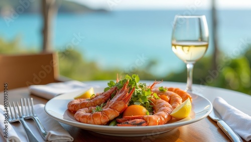 Delicious Shrimp Dish with Scenic Ocean Background