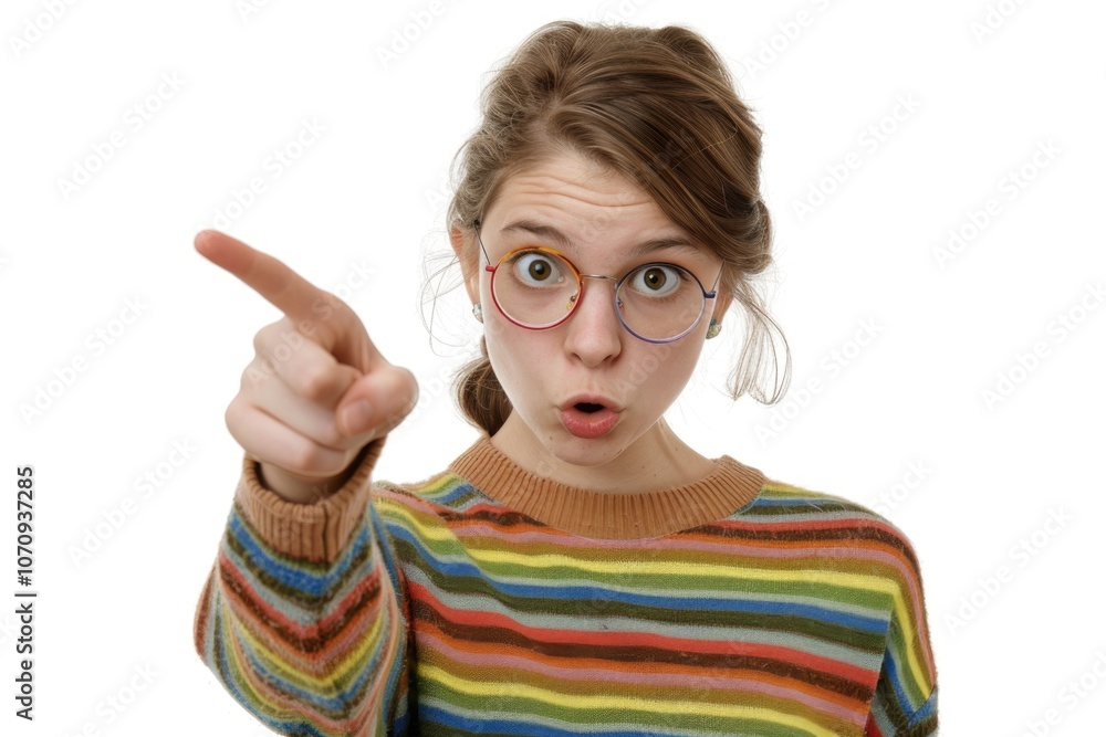 A woman wearing a striped sweater points at something with interest A woman wearing a striped sweater points at something with interest