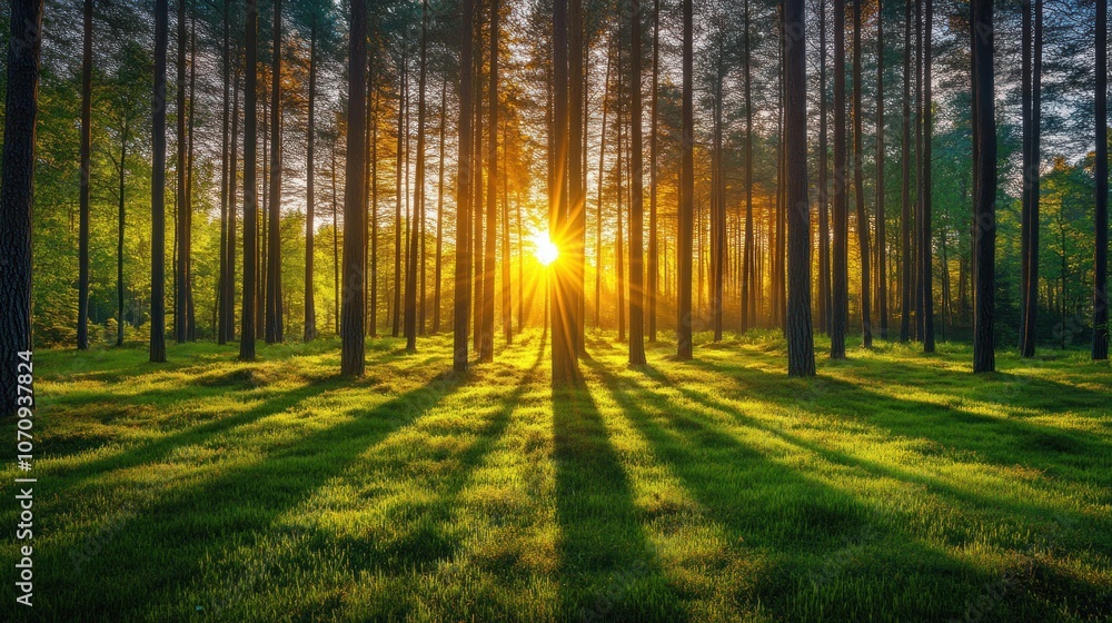 Fototapeta premium Golden sunlight shines through tall pine trees in a forest at sunset.