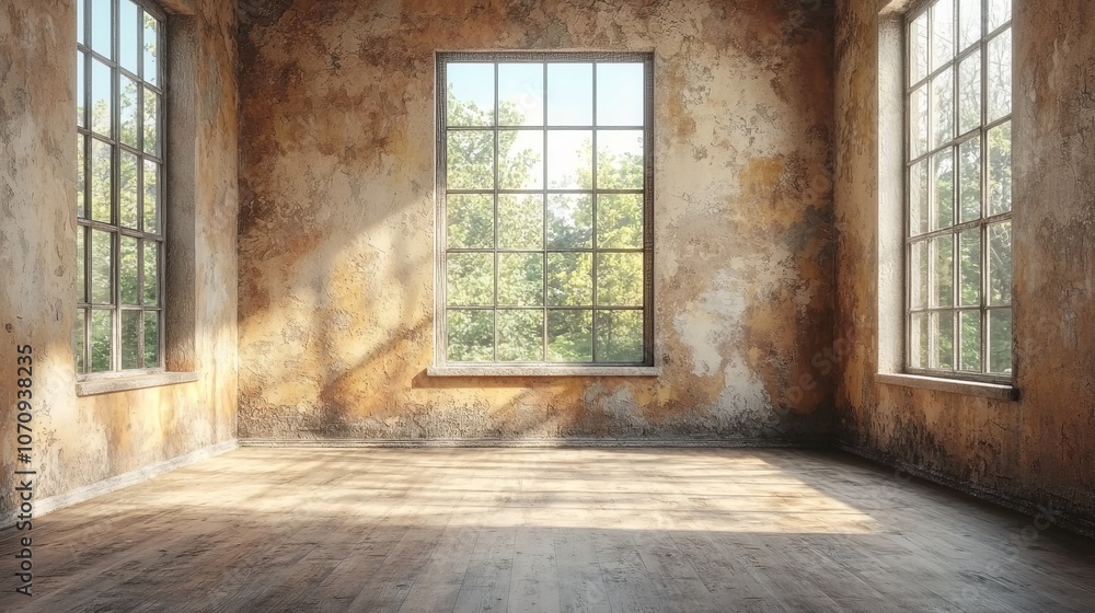 A sunlit, weathered room with large windows, showcasing nature outside. A sunlit, weathered room with large windows, showcasing nature outside.