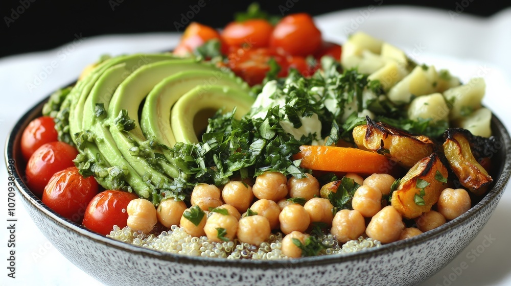 Vibrant Vegan Buddha Bowl with Avocado, Cherry Tomatoes, Quinoa, and Chickpeas; A Nutrient-Rich Vegetarian Delight with Roasted Vegetables, Herbs, and Wholesome Ingredients Vibrant Vegan Buddha Bowl with Avocado, Cherry Tomatoes, Quinoa, and Chickpeas; A Nutrient-Rich Vegetarian Delight with Roasted Vegetables, Herbs, and Wholesome Ingredients