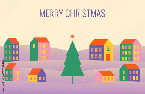 Merry Christmas. Holiday landscape with colorful village houses, snowdrifts and a Christmas tree. Vector illustration.