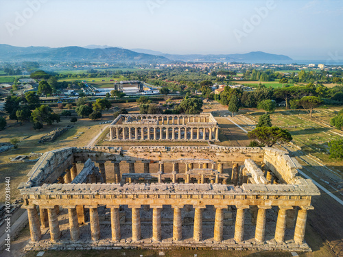 Aerial view of the Archaeological Park of Paestum. 