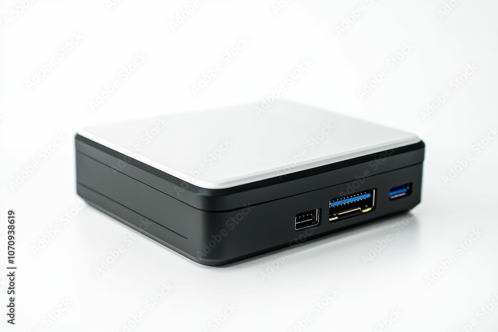 Black box with white top and USB ports. Black box with white top and USB ports.