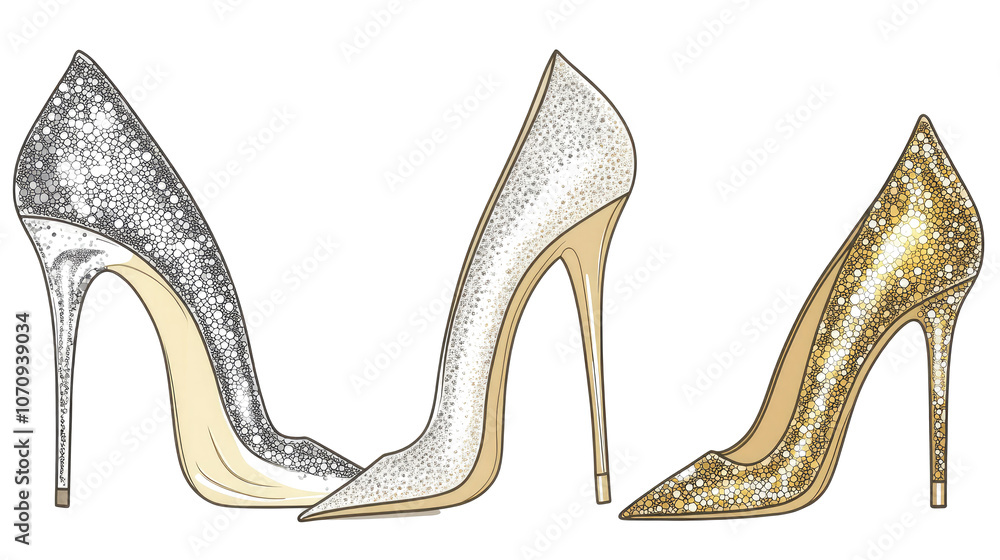 Stylish Stiletto High Heeled Shoes in Silver White and Gold Colors Generative AI Stylish Stiletto High Heeled Shoes in Silver White and Gold Colors Generative AI