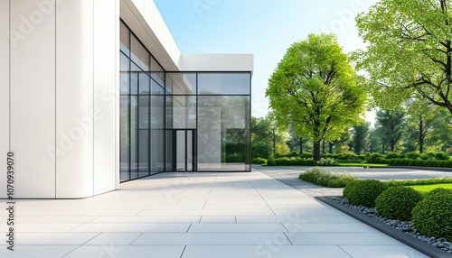 Modern Building Entrance With Large White Wall: 3d Rendering Showcasing Mal Architecture. Contemporary Design And Clean Lines Create A Visually Stunning Entranceway. photo