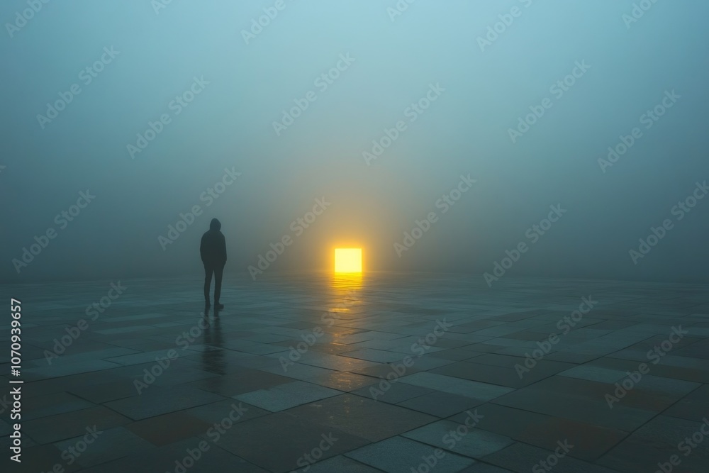 A person waiting at a yellow traffic light intersection