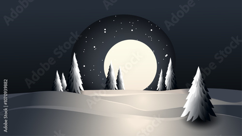 Winter Forest Illuminated by the Moon. Paper Cutout style. Vector illustration