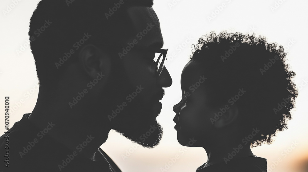 Fototapeta premium A father and his young son share a tender moment, their silhouettes framed against a bright sky.
