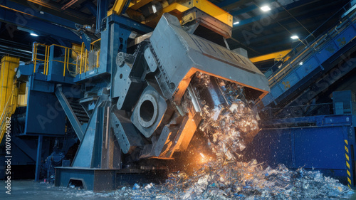 A large industrial shredder in action, processing metal waste into smaller pieces in a modern recycling facility. photo