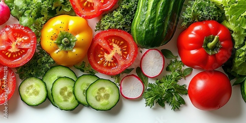 Fresh Vegetables: Vibrant Red and Yellow Bell Peppers, Sliced Tomatoes, Crisp Cucumbers, Leafy Kale, Radishes, and Parsley for Healthy Diet and Recipes