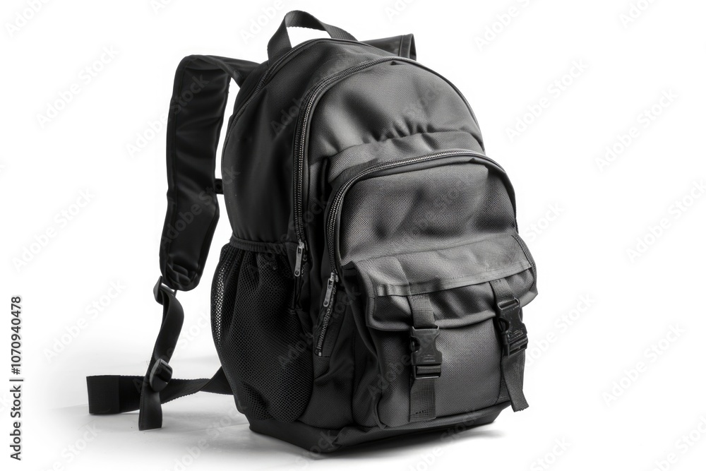 A single black backpack sits on a clean white background A single black backpack sits on a clean white background