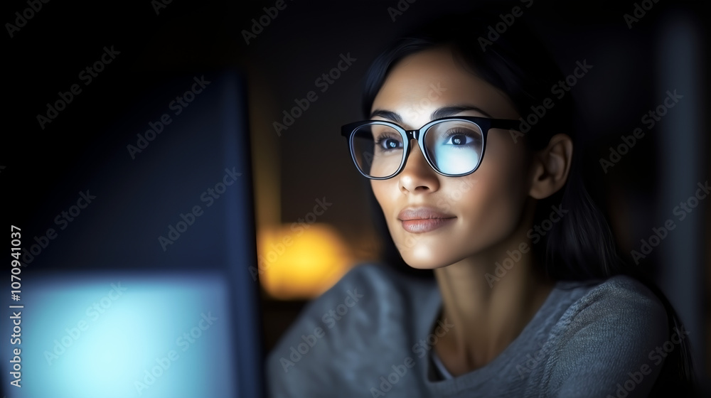 Focused Woman Working on Computer Late at Night. Focused Woman Working on Computer Late at Night.