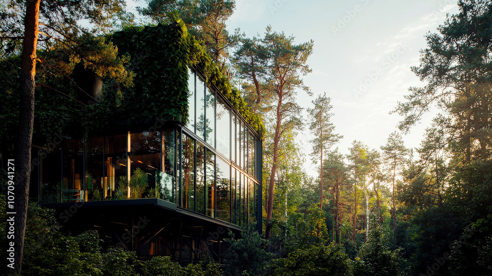 An innovative building nestled in the treetops, blending nature and architecture for a unique workspace An innovative building nestled in the treetops, blending nature and architecture for a unique workspace