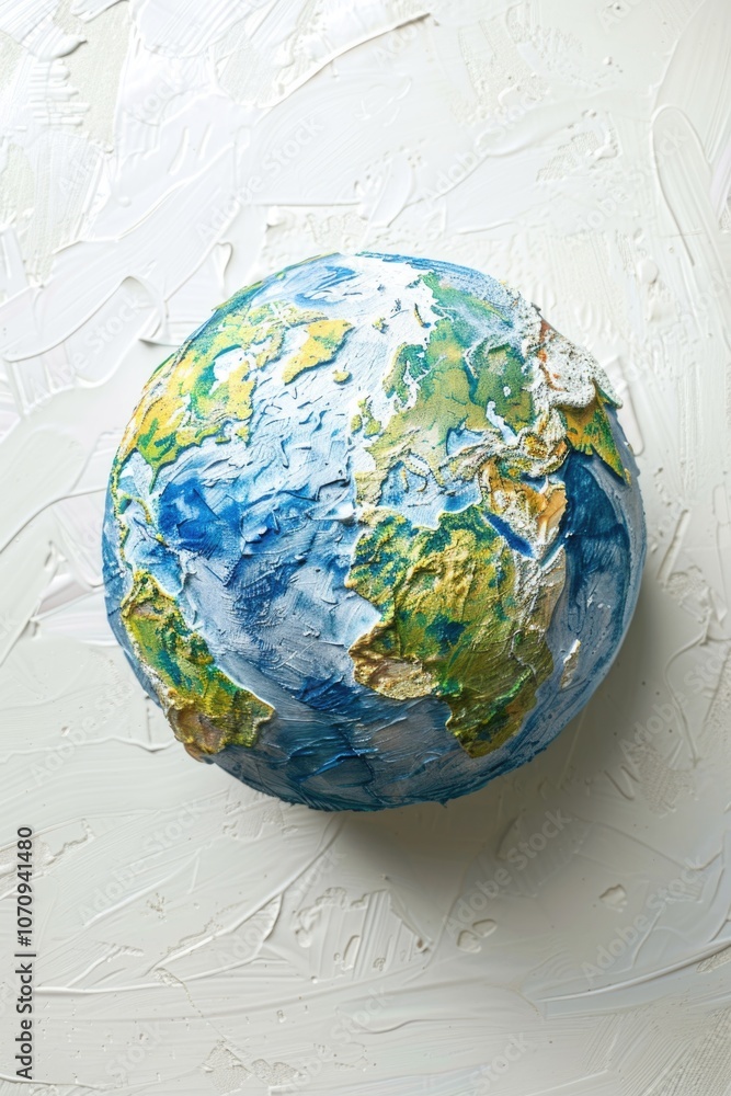A round cake designed to resemble the Earth, placed on a white surface A round cake designed to resemble the Earth, placed on a white surface